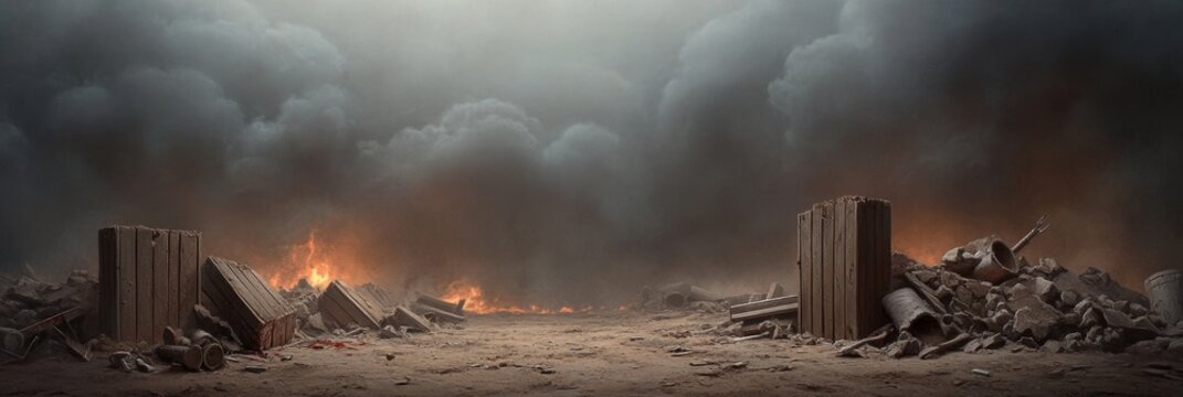 Apocalyptic landscape with smoke and ruins atmosphere