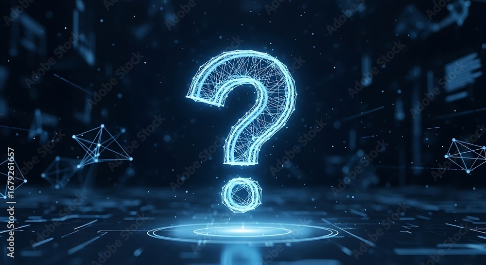 Poster conceptual wireframe question mark in a dark digital space