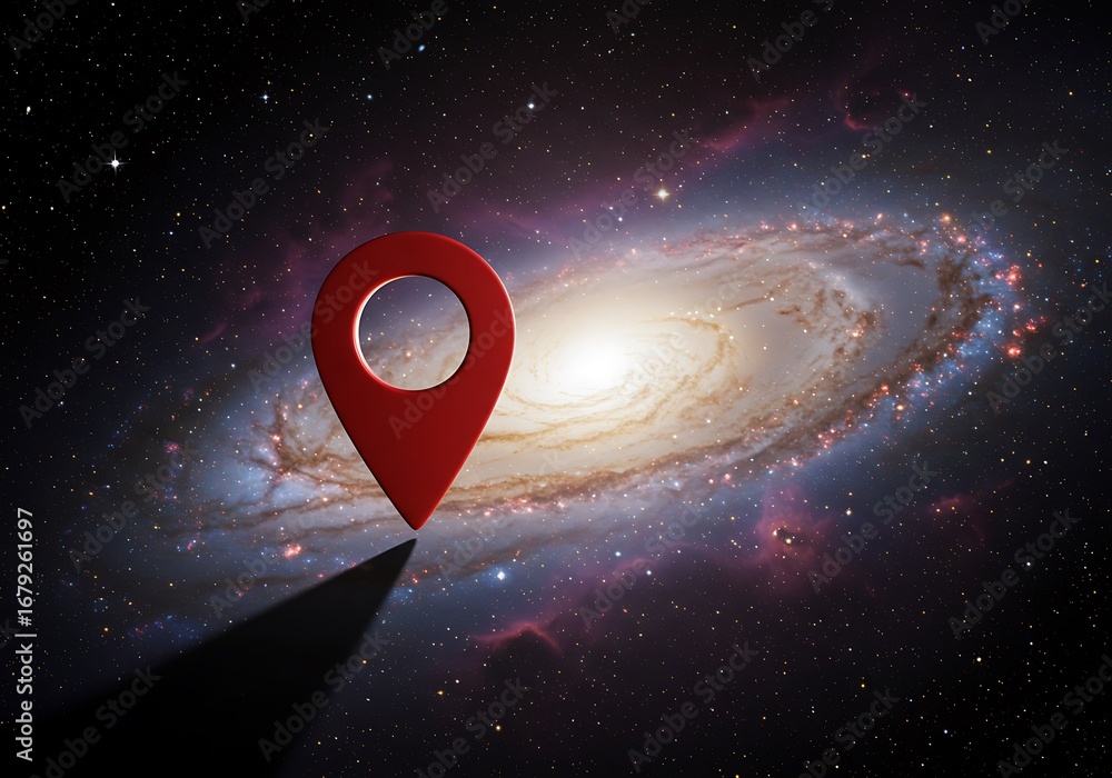 Poster red location pin pointing to a galaxy in the vastness of the universe