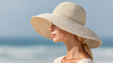 confident woman wearing stylish hat stands against sandy beach backdrop symbolizing freedom and adventure