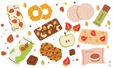 nuts dried fruit collection icons healthy vegan snacks illustration nut protein bar dried banana pineapple almond fruit mix cartoon healthy snack
