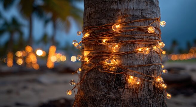 Palm tree trunk wrapped with warm string lights at dusk