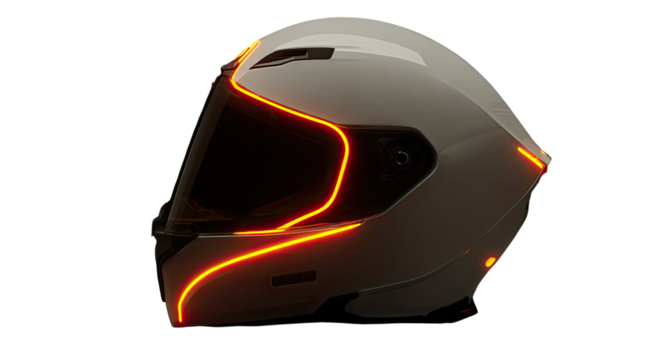 White motorcycle helmet with bright orange LED accents