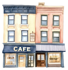 Obraz premium PNG American retail townhouse architecture illustration watercolor.