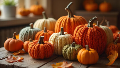 High resolution picture of knitted pumpkins in various shades of orange, beige and green colors on a wooden surface with pumpkins around. Cozy Autumn Fall Halloween Decoration.	