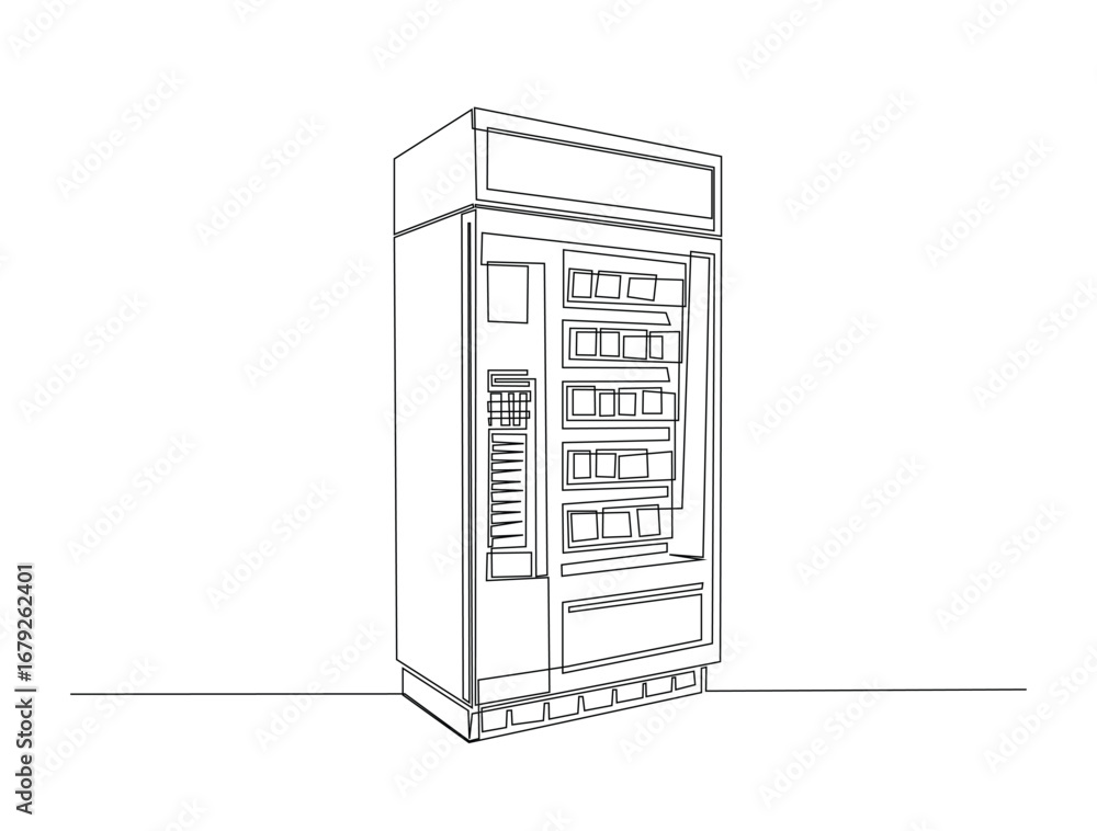 Poster continuous line art drawing of snack and drink vending machine. foof veding machine in single line a
