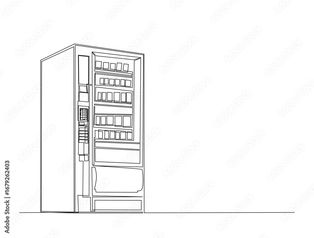 Poster continuous line art drawing of snack and drink vending machine. foof veding machine in single line a