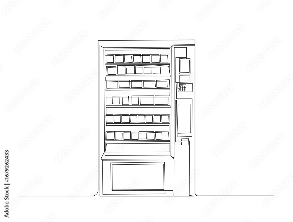 Poster continuous line art drawing of snack and drink vending machine. foof veding machine in single line a