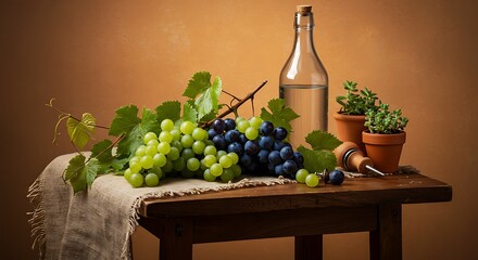 Classic Still Life of Wine Grapes and Bottle on a Wooden Table.