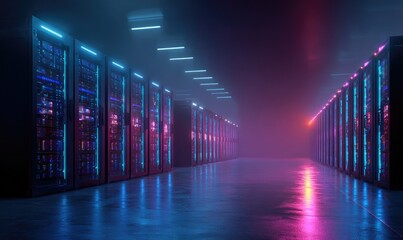 Futuristic Server Room with Neon Lights and Data Racks.