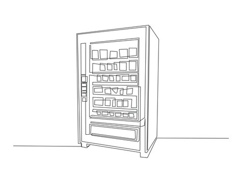Continuous line art drawing of Snack and drink vending machine. Foof veding machine in single line art drawing vector illustration. Editable stroke.