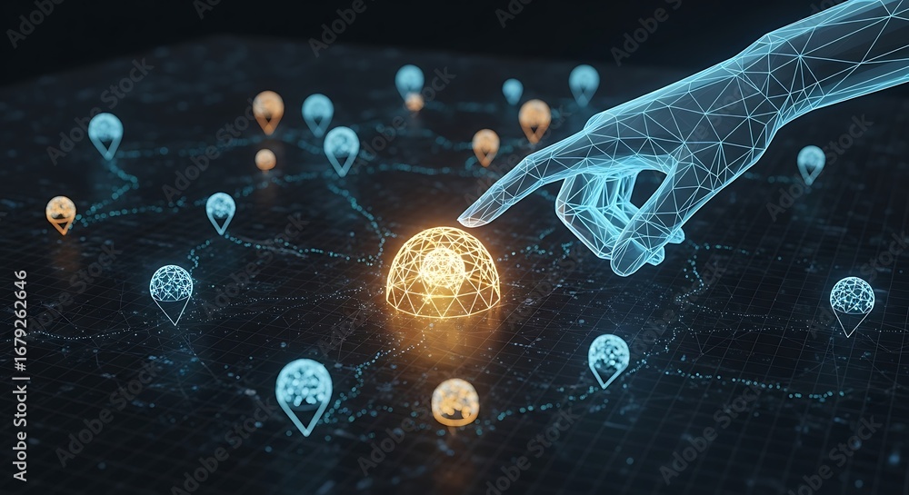 Poster futuristic wireframe hand points to a highlighted data point on a grid