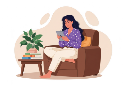 Woman reading a tablet while sitting in a comfortable armchair isolated on transparent background