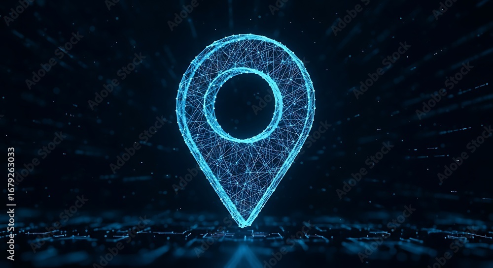Aufkleber digital wireframe map pin symbol in futuristic network space