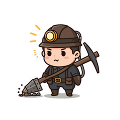 Chibi-style cartoon miner wearing a hard hat and headlamp, diligently digging for ore with a pickaxe.