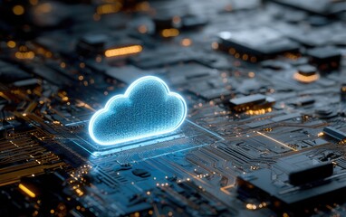 Futuristic Cloud Computing Symbol on a High Tech Circuit Board.