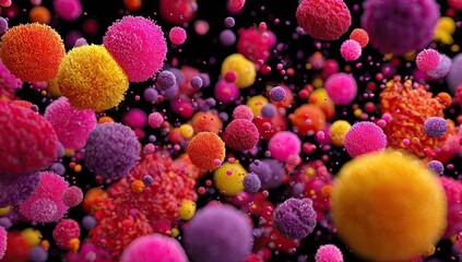 Colorful, fuzzy spheres in motion against a dark background