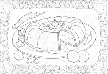 Detailed line art illustration of mauritian gateau pim, adorned