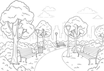 Obraz premium Tranquil city park outline illustration with trees, benches and