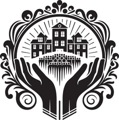 Obraz premium Symbolic illustration of a school being protected by hands within a decorative frame