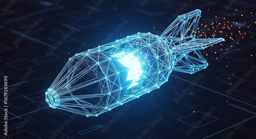 Poster digital cyber bomb with glowing lightning symbol and wireframe structure