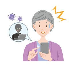 スマホがウィルスに感染して困る高齢者のイラスト　不正ログイン　高齢女性
