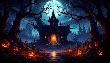Halloween haunted house at night