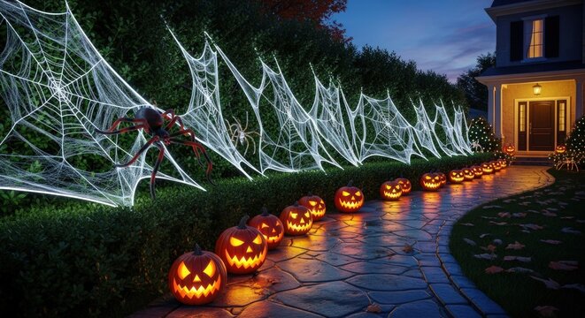 Spooky halloween decorations adorn a house with pumpkins and spiderwebs at dusk - Powered by Adobe