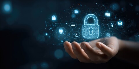 Cybersecurity and data protection concept with hand holding a glowing padlock icon.