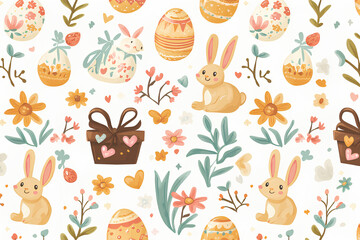 Cute Easter Seamless Pattern with Bunnies, Eggs, and Flowers