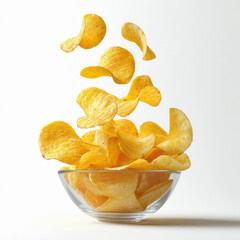 yellow potato chips falling on white background