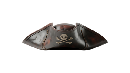 Aged Leather Pirate Hat with Skull and Crossbones on transparent Background