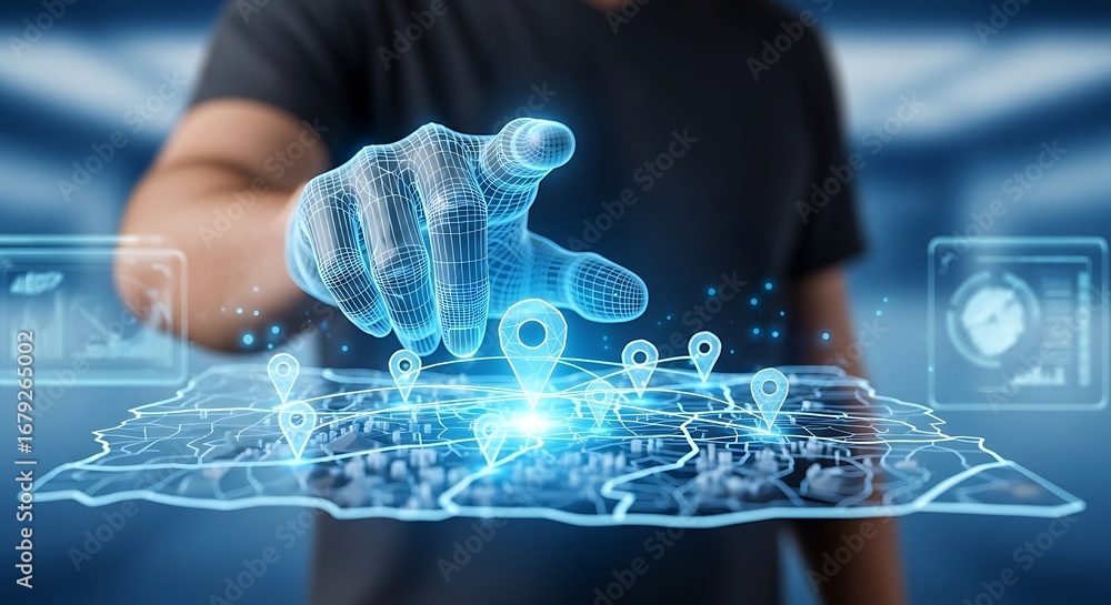 Aufkleber wireframe hand interacting with glowing digital map display