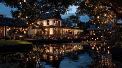 Fototapeta premium Serene Night Scene of Elegant House by Calm Reflective Water