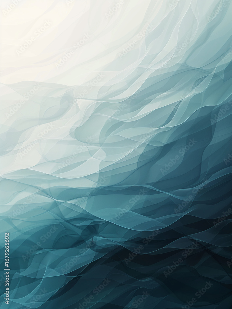 Poster abstract teal and white flowing shapes creating a dynamic and fluid design