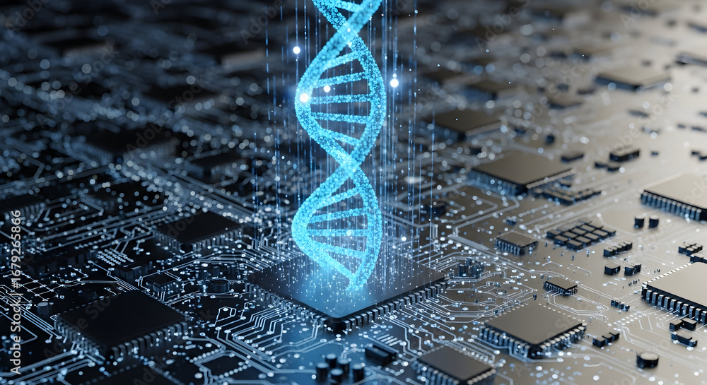Poster digital dna helix emerging from advanced computer circuit board