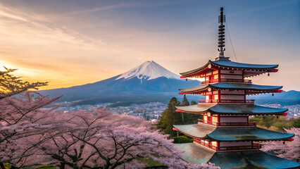 The pagoda is a multi-tiered structure with red and white accents, topped with a spire.