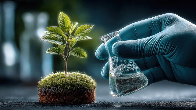 colse up of hand holding a flask near a small plant