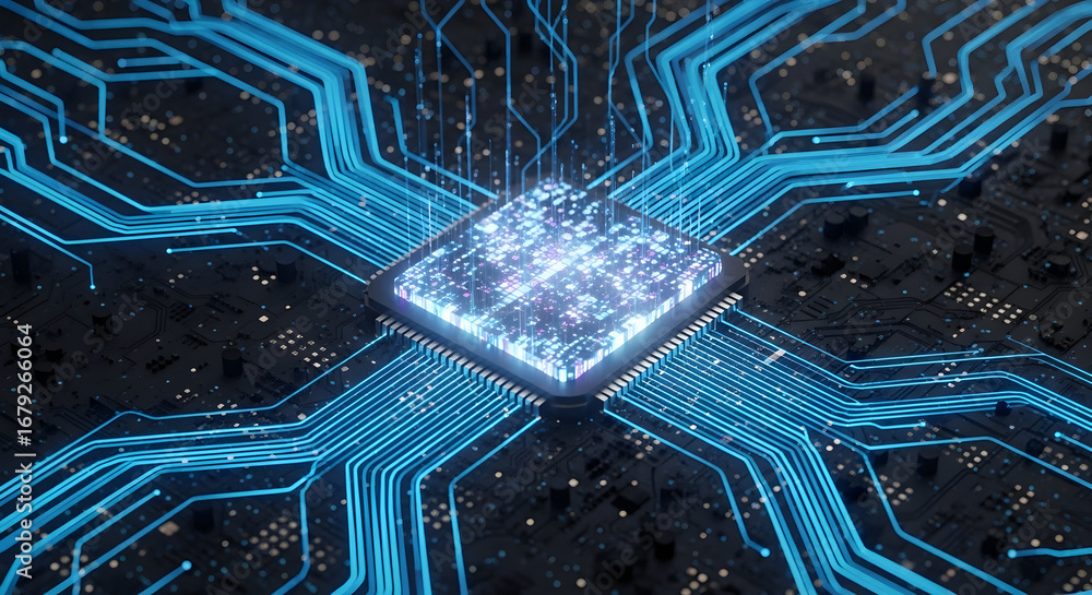 Aufkleber advanced glowing microchip on a circuit board with blue data lines