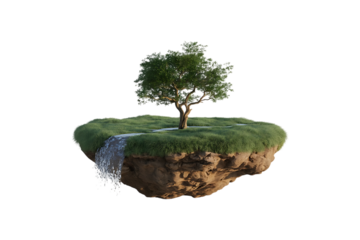 Abstract Floating Island with Lush Green Grass and waterfall Earth on transparent Background