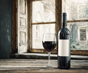A bottle of red wine and a glass by a window