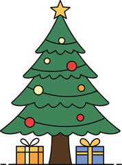 Christmas tree with gifts and ornaments on white background on transparent background