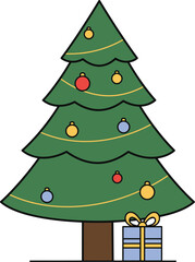 A cartoon christmas tree with ornaments and a gift box underneath it on transparent background