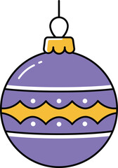 A purple christmas ornament with yellow and white details hanging on a string on transparent background