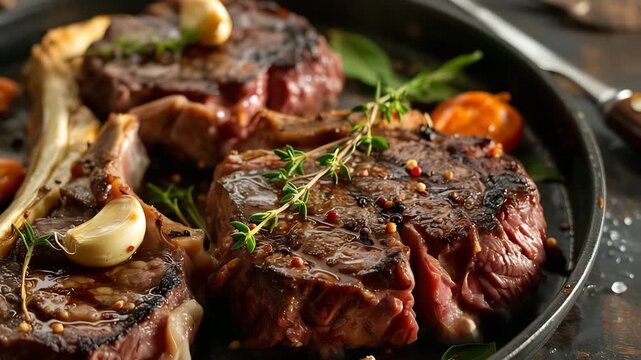 Grilled steak with garlic and herbs