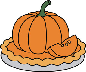 A cartoon illustration of a pumpkin pie with a whole pumpkin on top on transparent background