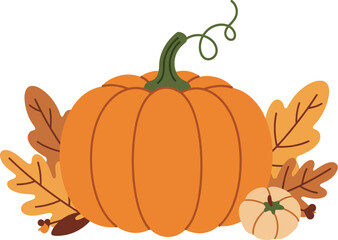 A large orange pumpkin surrounded by autumn leaves and a small gourd on transparent background