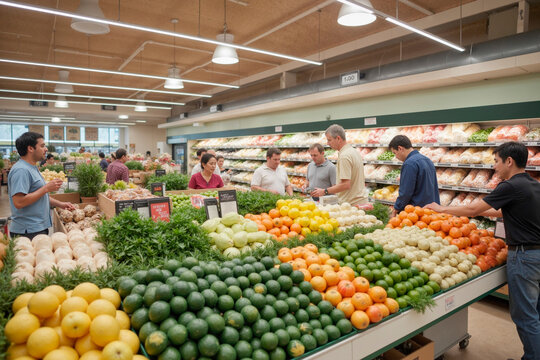 Diverse group of middle aged and young adult men and women shopping for fresh produce in grocery store, selecting fruits and vegetables from display, interacting with products and each other