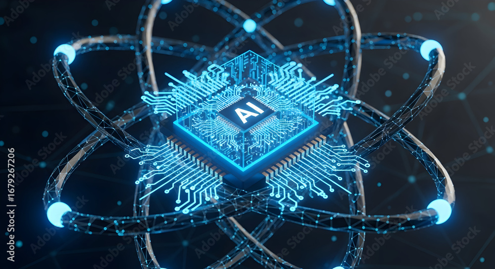 Poster ai chip illuminating a complex abstract digital data network