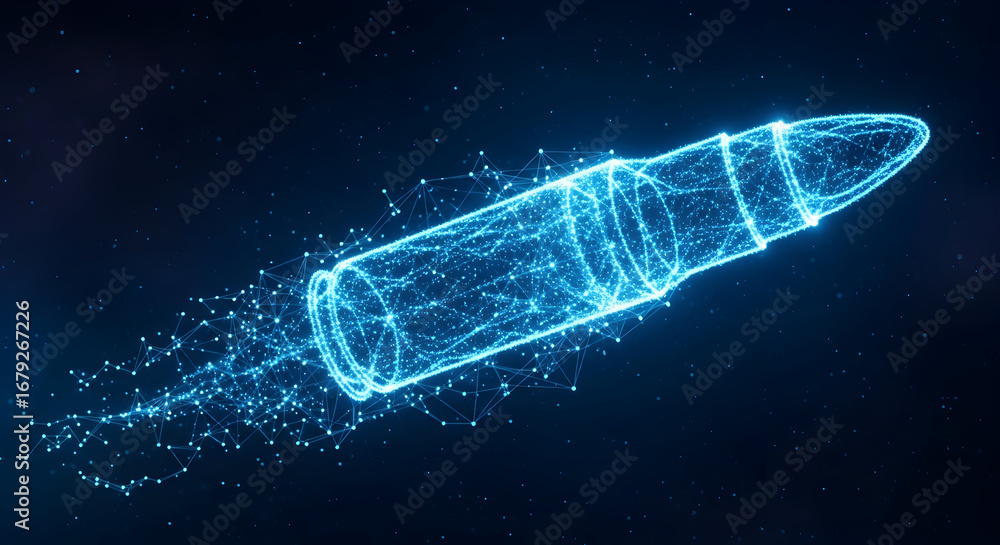 Aufkleber abstract glowing blue bullet in a digital network particle stream